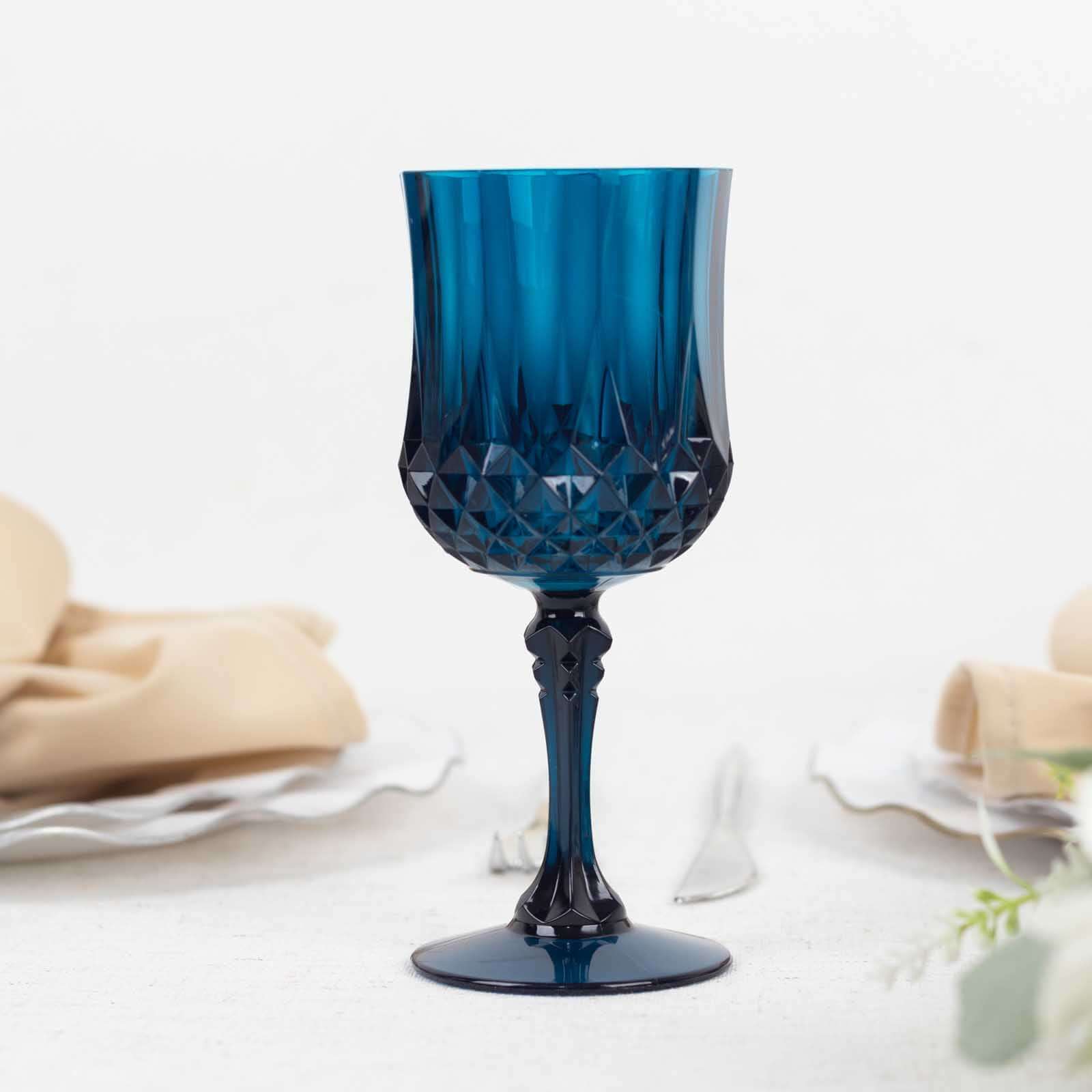 6-Pack Transparent Plastic Crystal Cut Wine Glasses 8oz, Navy Blue - Shatterproof Cocktail Goblets - Pack of 6 Goblets